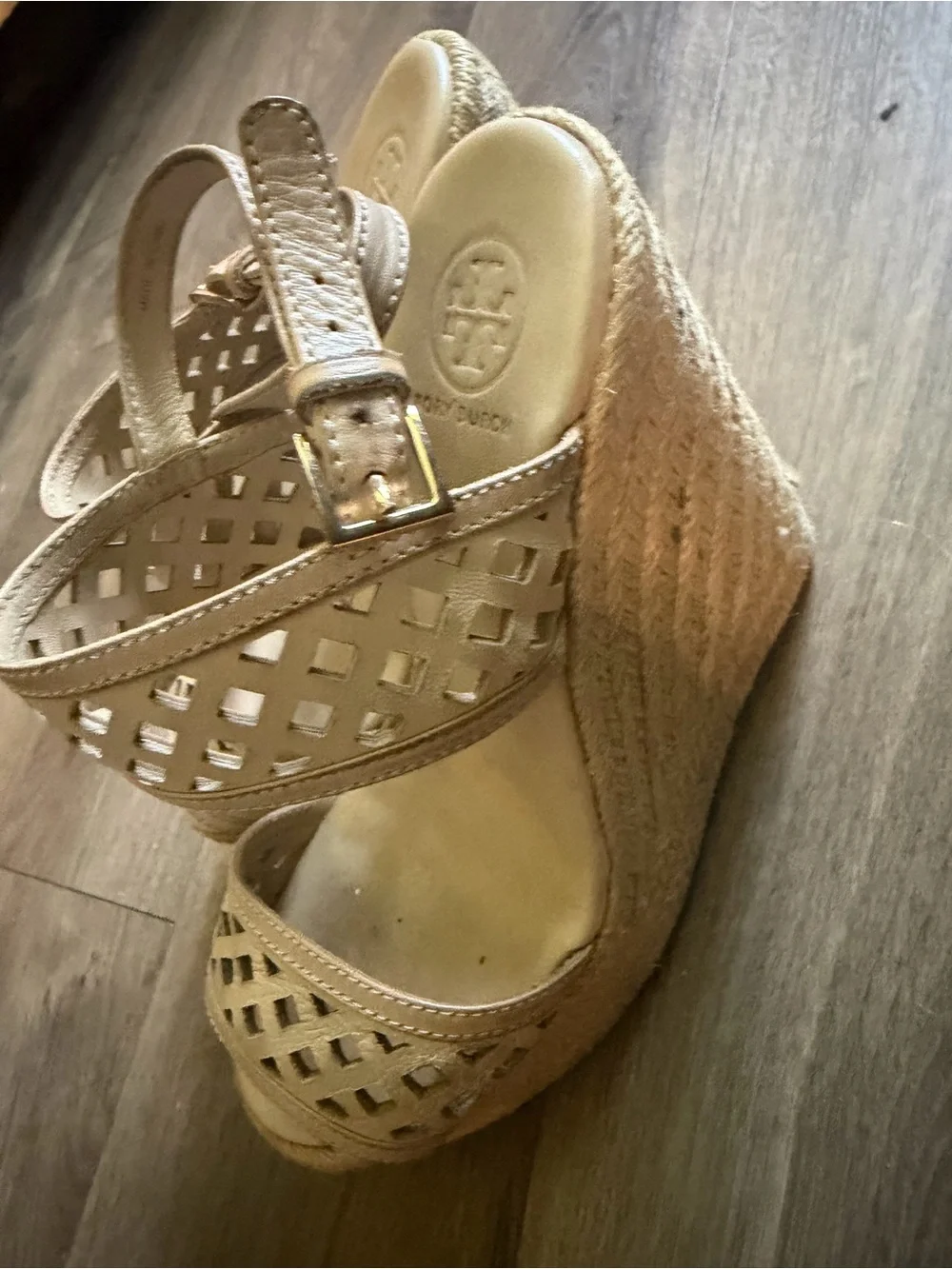 Tory Burch Nude Laser-Cut Wedge Sandals